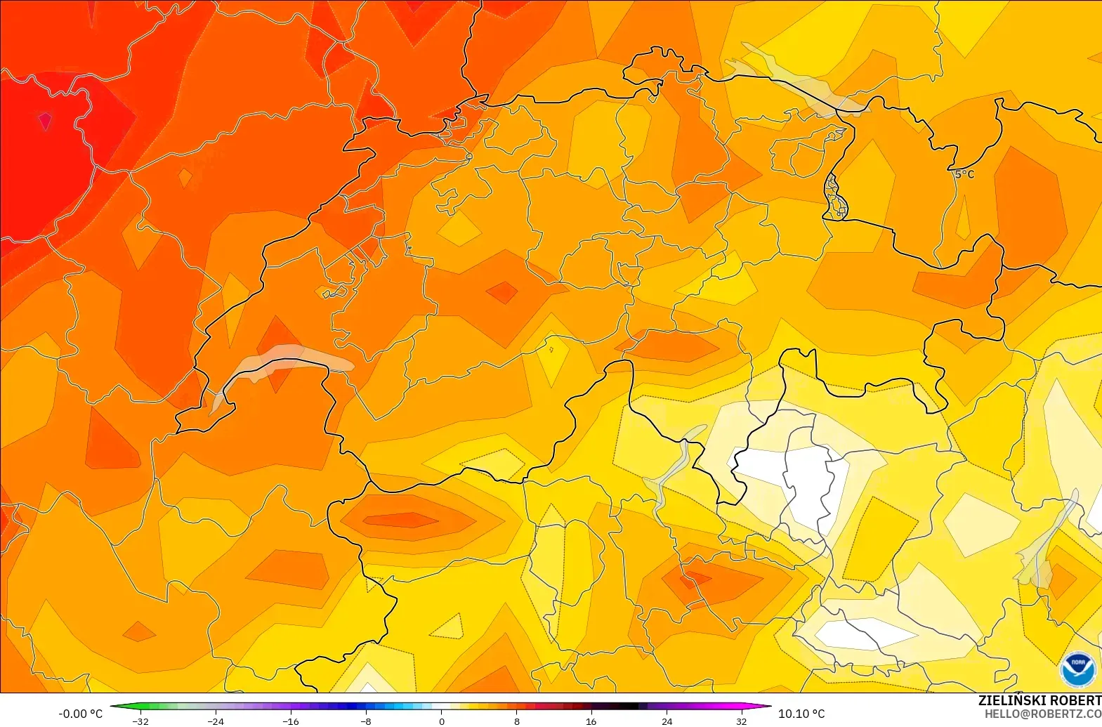 GFS modelo - Suiza, Anomalía de temperatura a 2 m