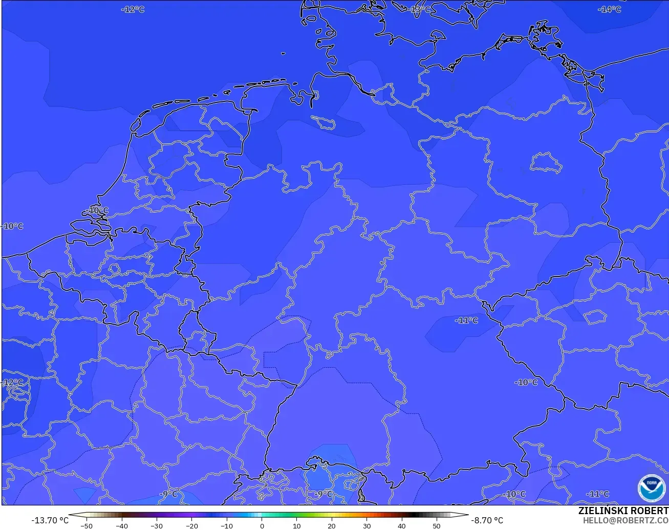 GFS modelo - Alemania, Temperatura a 500 hPa