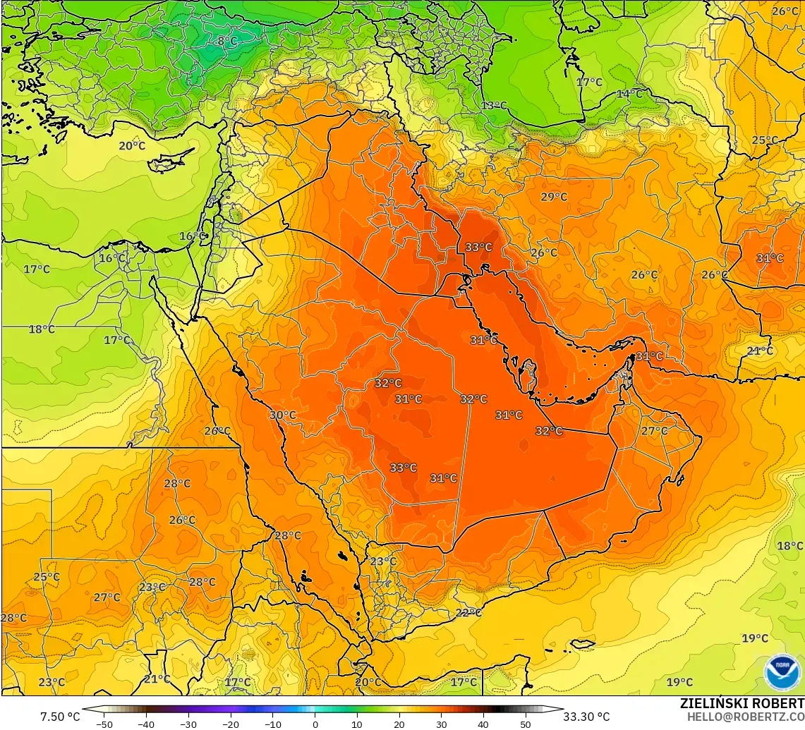GFS modelo - Oriente Medio, Temperatura a 850 hPa