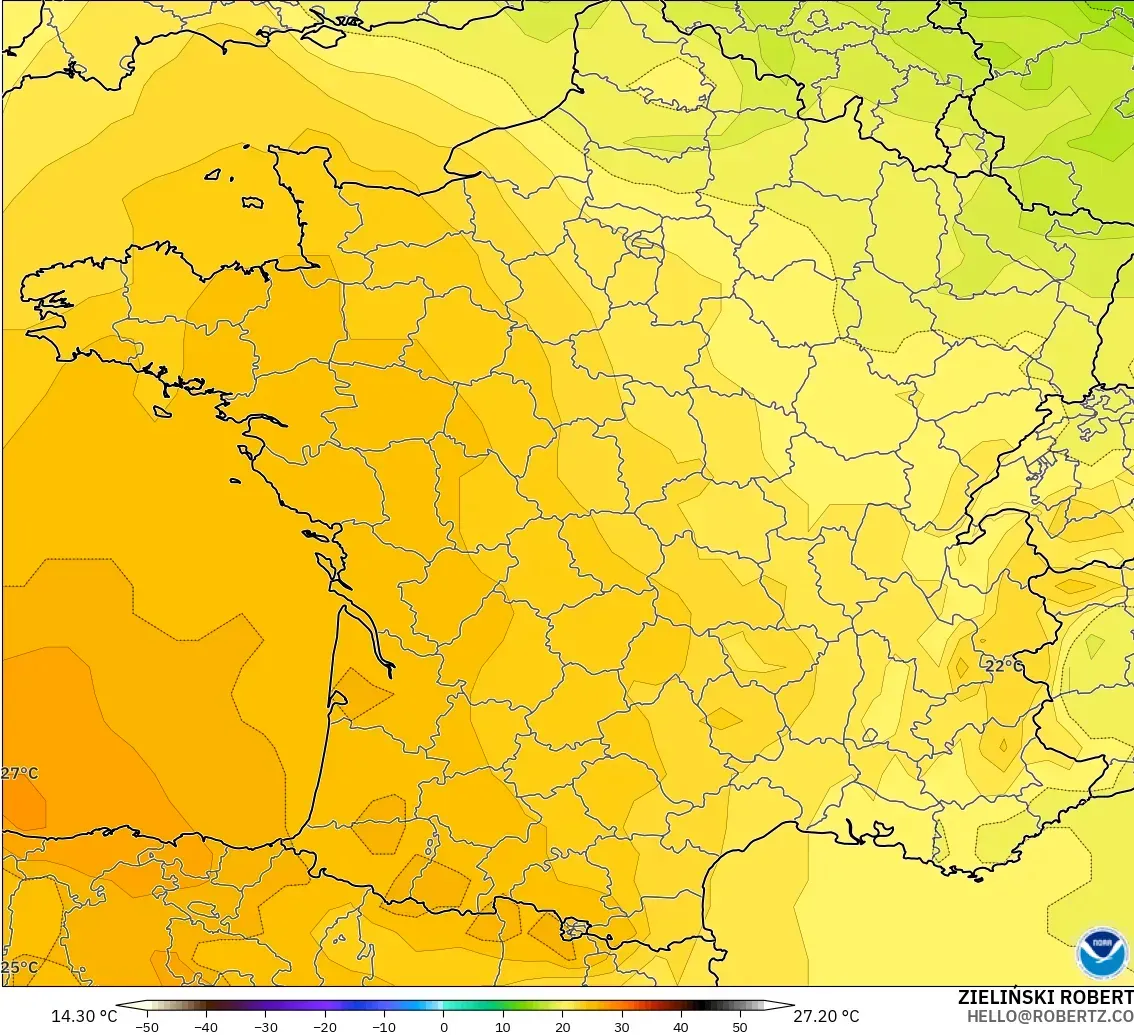 GFS modelo - Francia, Temperatura a 850 hPa