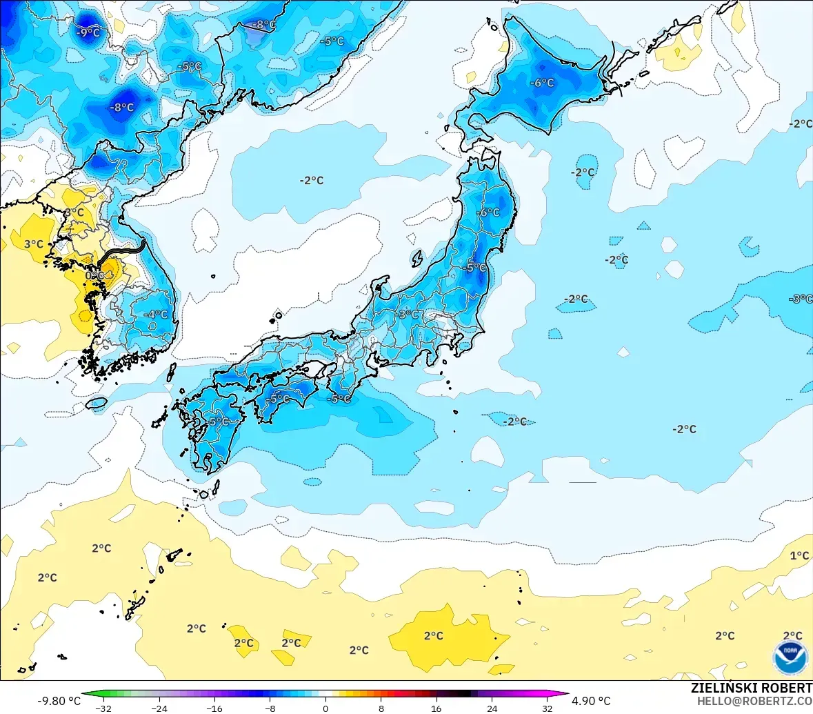 GFS modelo - Japón, Anomalía de temperatura a 2 m