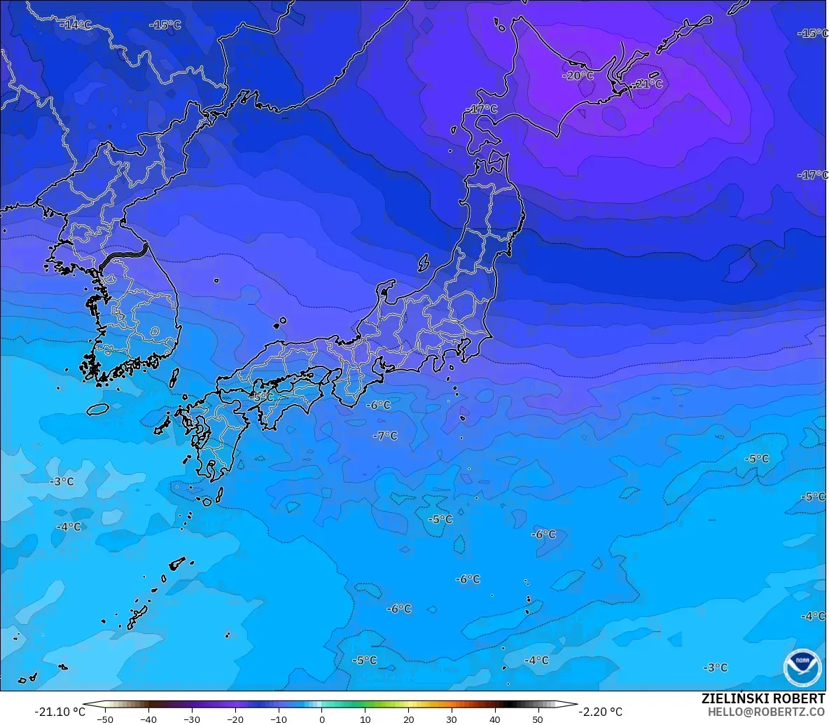 GFS modelo - Japón, Temperatura a 500 hPa