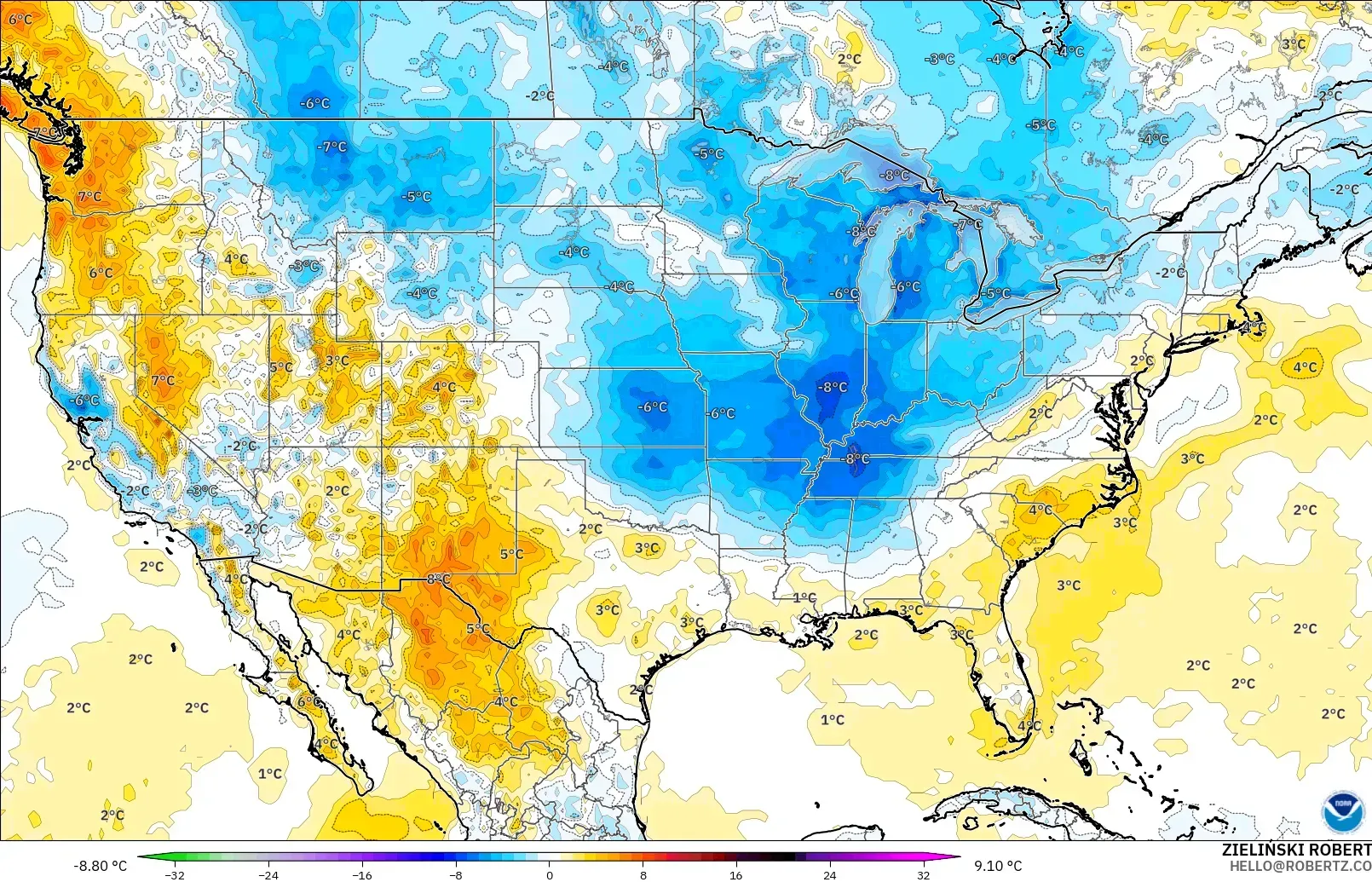 GFS modelo - Estados Unidos, Anomalía de temperatura a 2 m