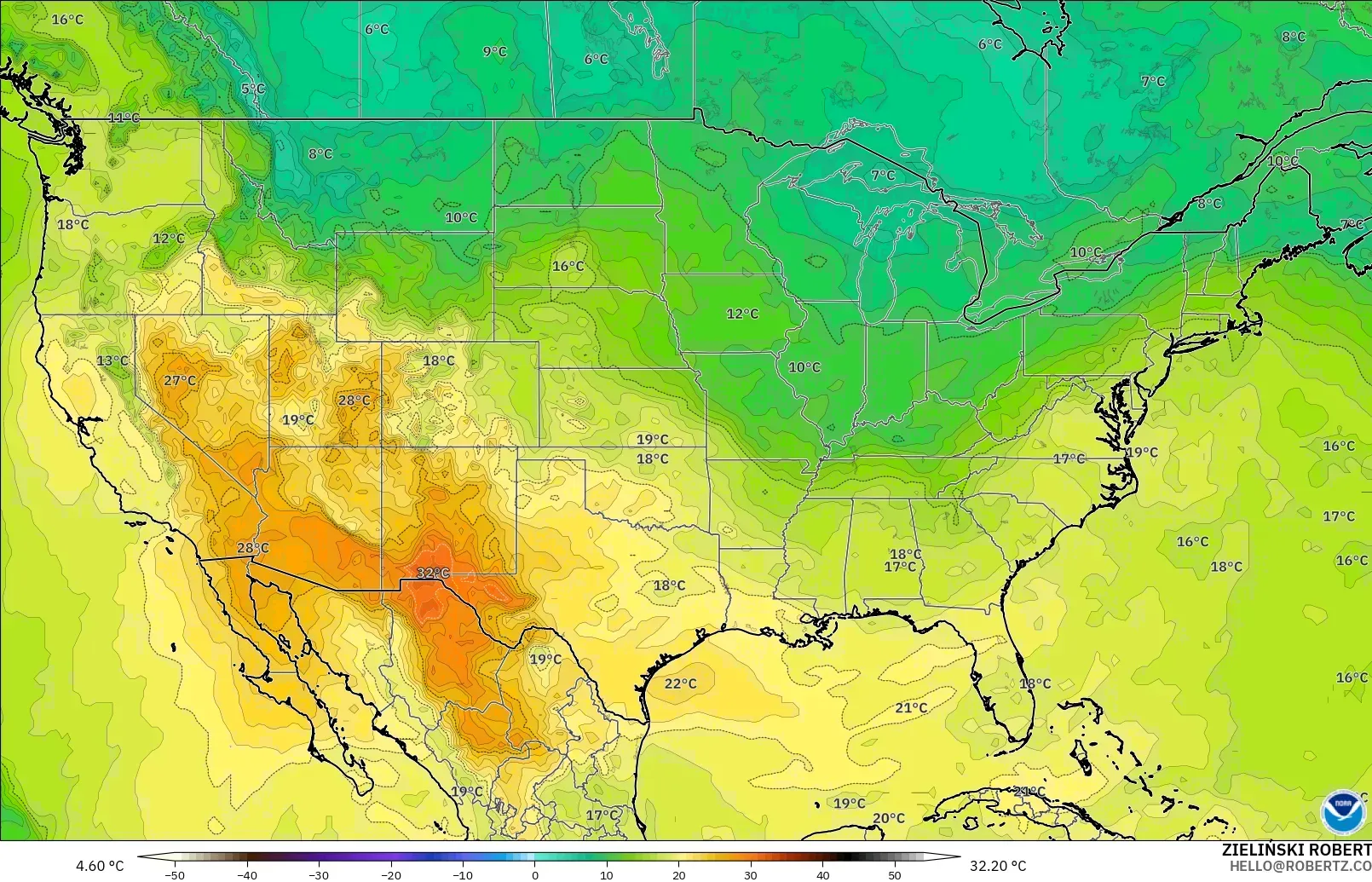 GFS modelo - Estados Unidos, Temperatura a 850 hPa