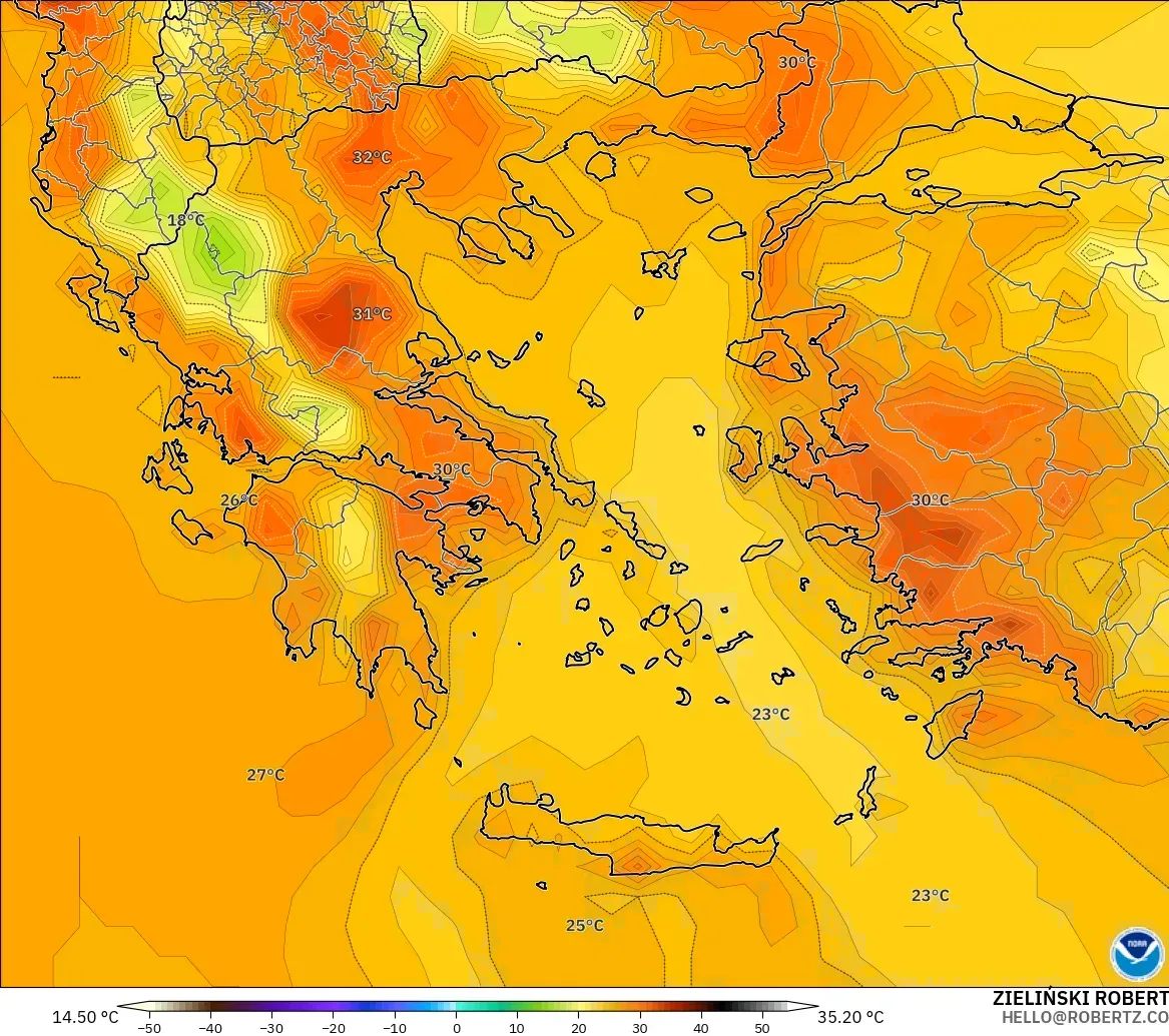 GFS modelo - Grecia, Temperatura a 2 m