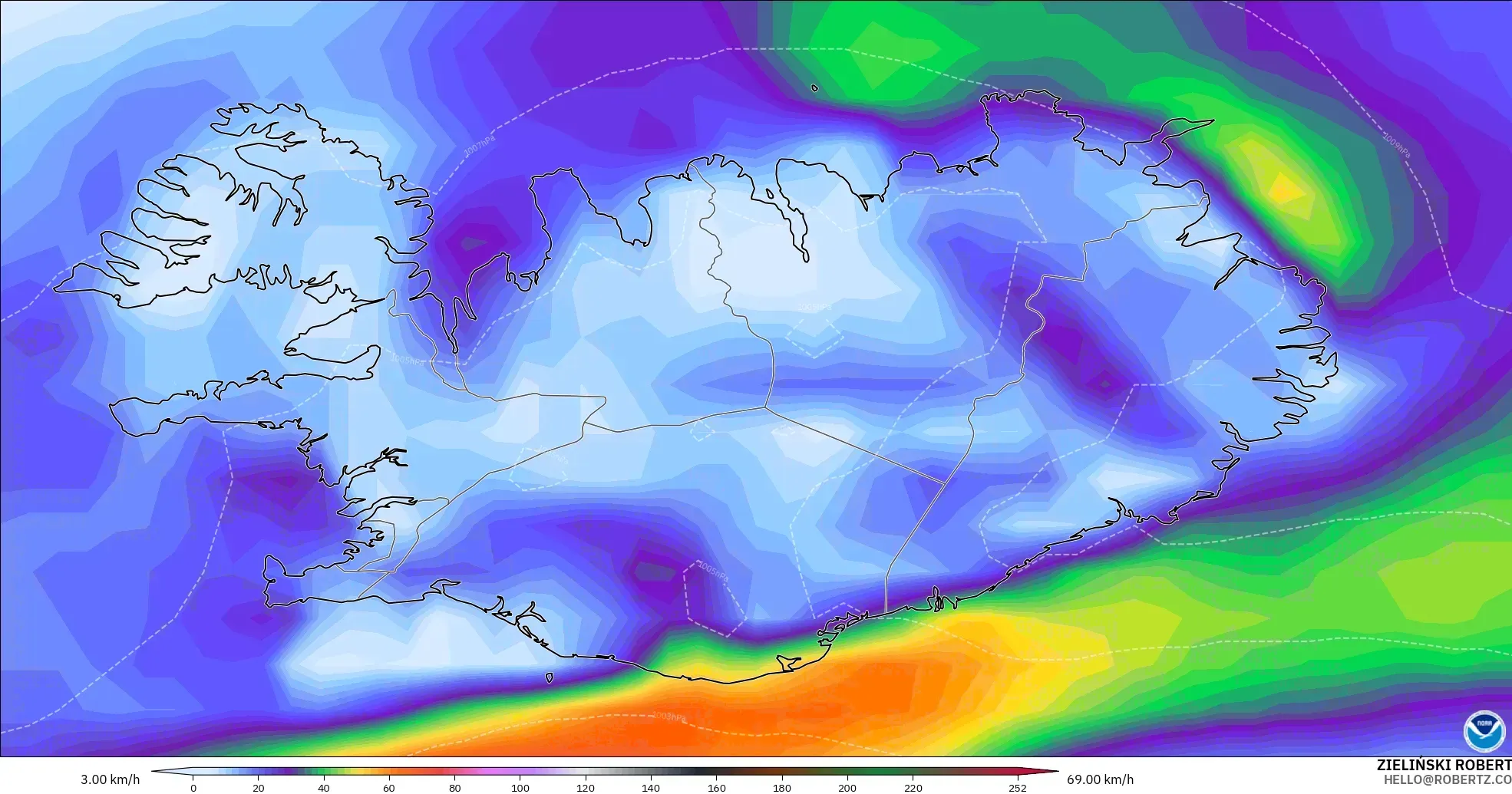 GFS modelo - Islandia, Ráfagas de viento