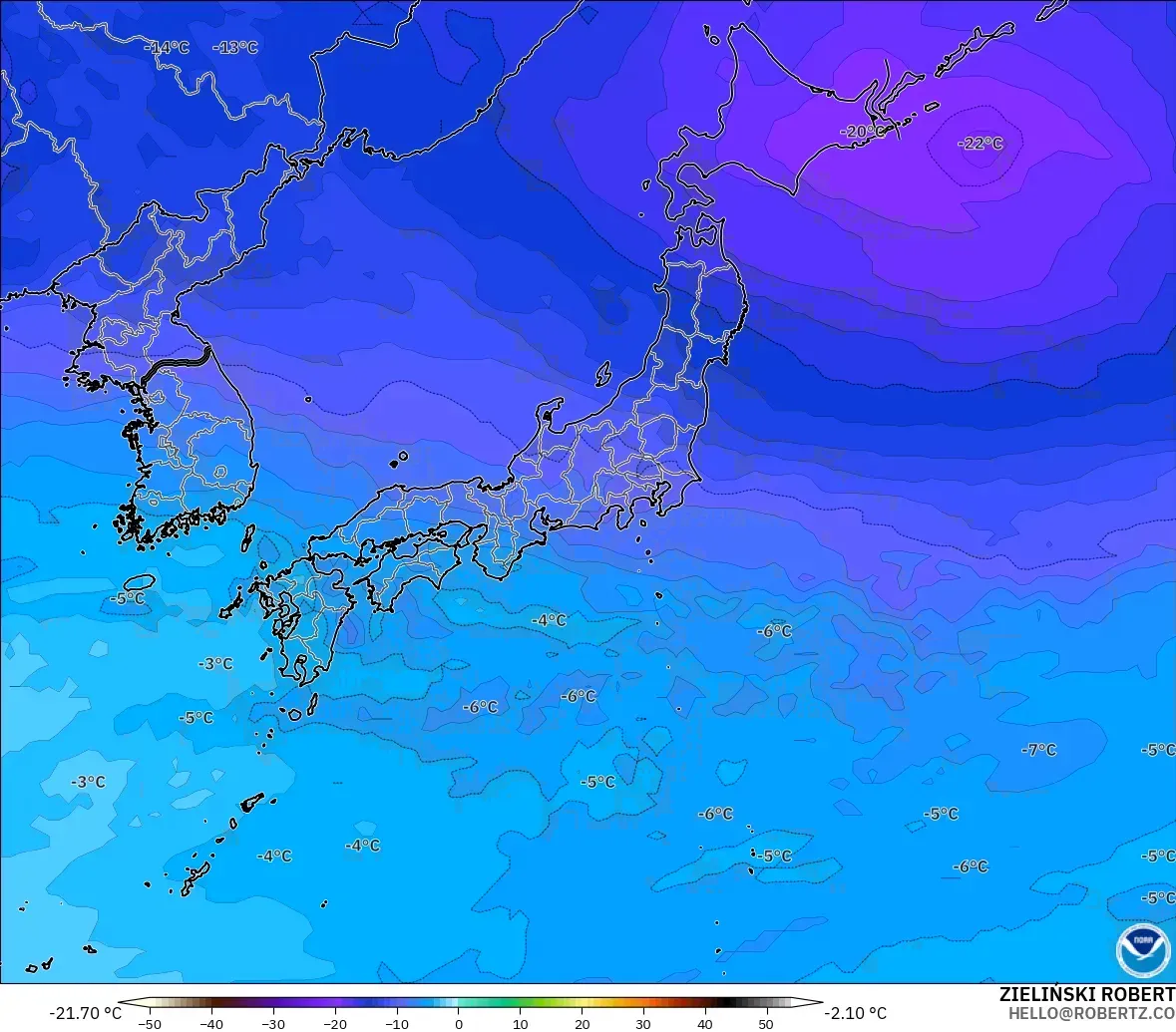 GFS modelo - Japón, Temperatura a 500 hPa