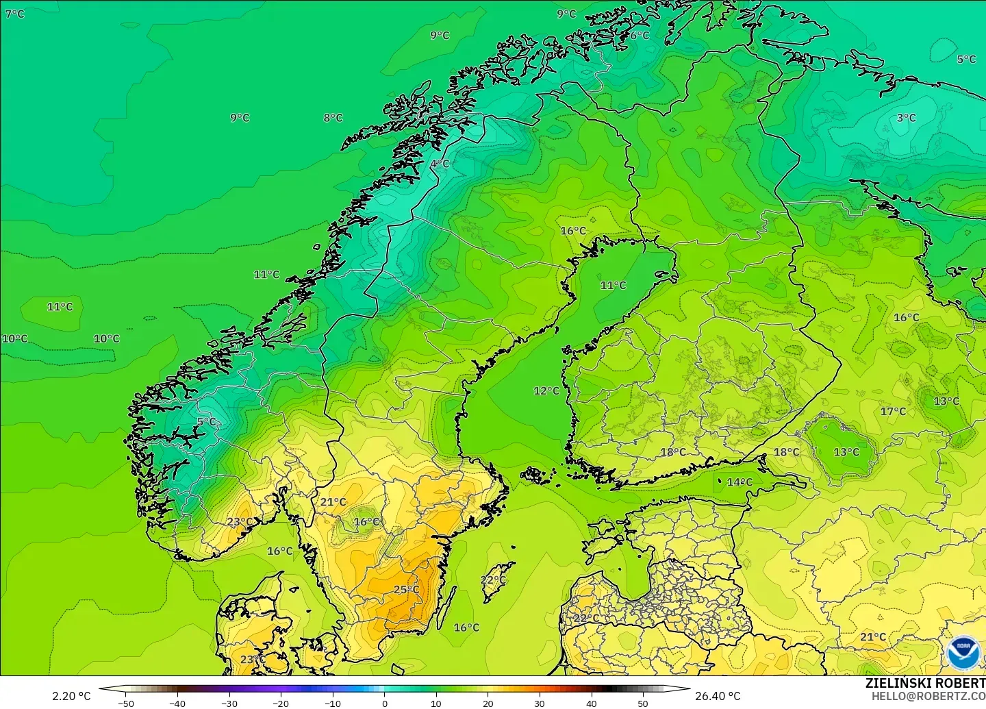 GFS modelo - Escandinavia, Temperatura a 2 m
