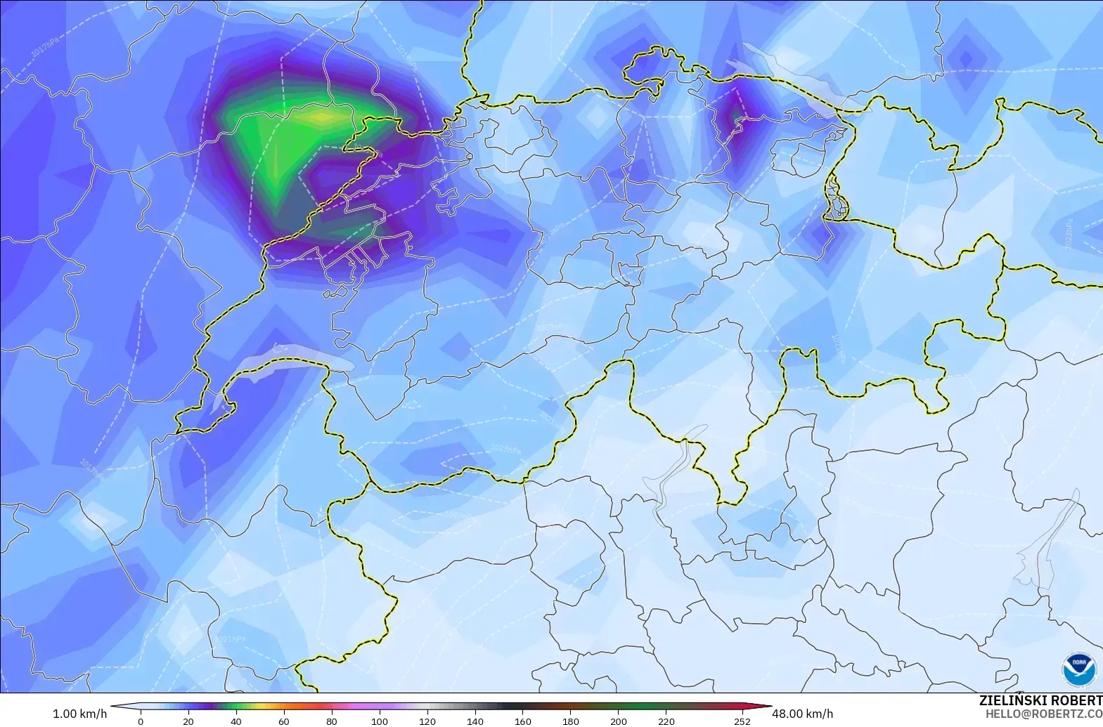 GFS modelo - Suiza, Ráfagas de viento