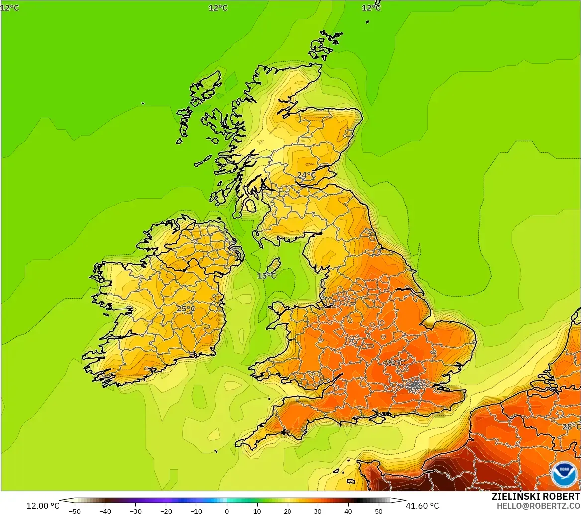 GFS modelo - Reino Unido, Temperatura a 2 m