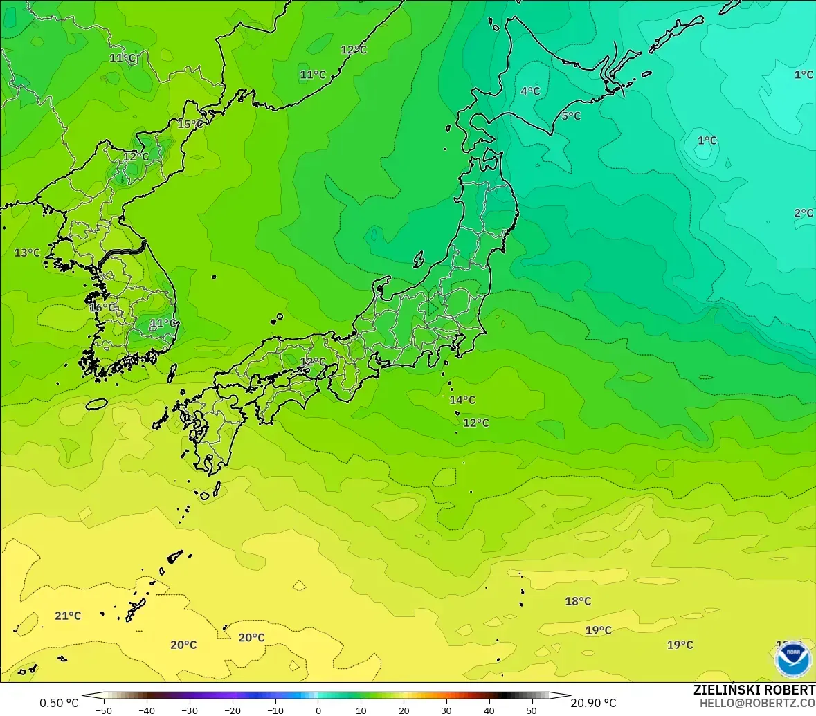 GFS modelo - Japón, Temperatura a 850 hPa