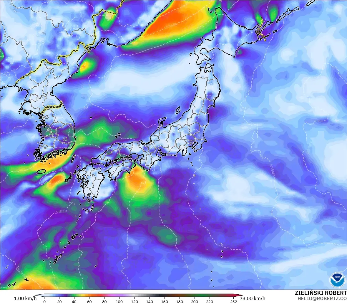 GFS modelo - Japón, Ráfagas de viento