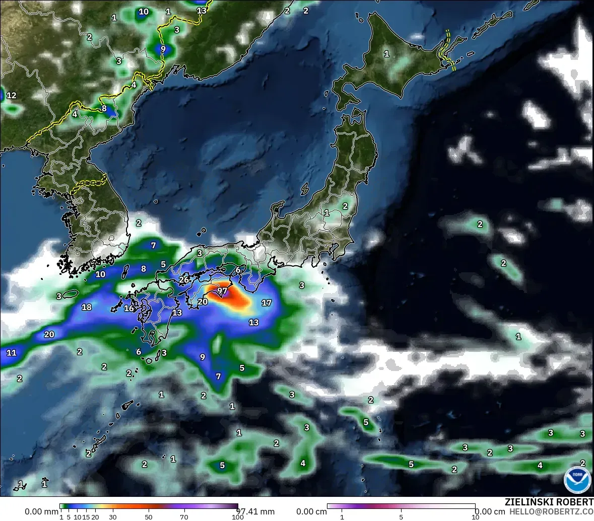 GFS modelo - Japón, Precipitación, nubes y presión