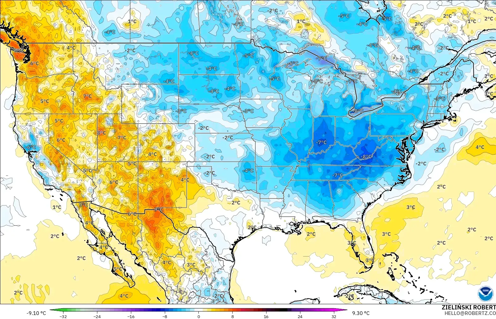 GFS modelo - Estados Unidos, Anomalía de temperatura a 2 m