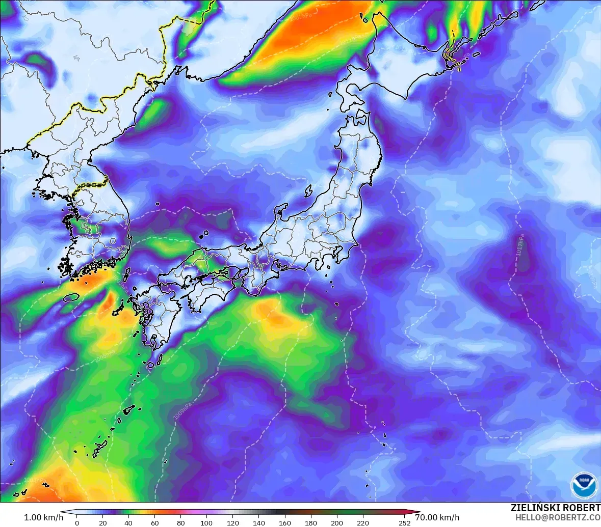 GFS modelo - Japón, Ráfagas de viento