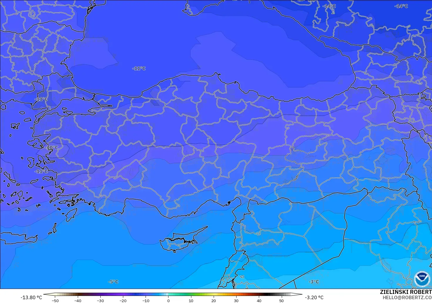 GFS modelo - Turquía, Temperatura a 500 hPa