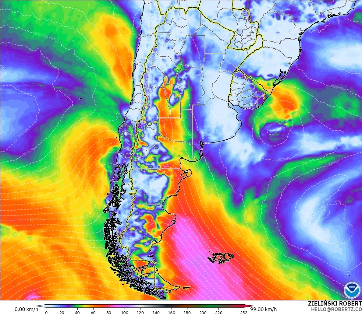 GFS modelo - Argentina, Ráfagas de Viento Máximas