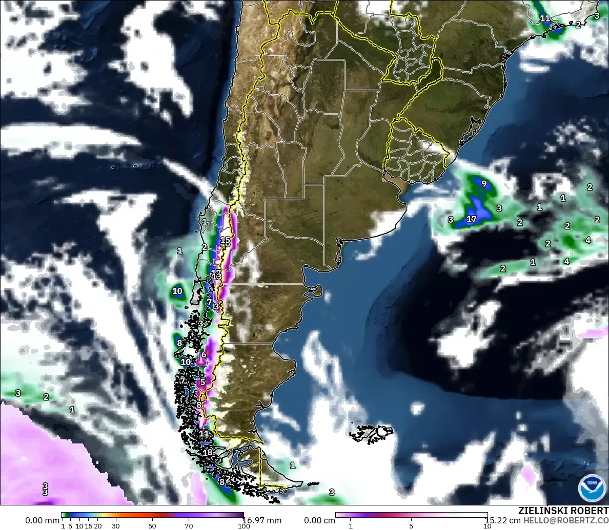 GFS modelo - Argentina, Precipitación, nubes y presión