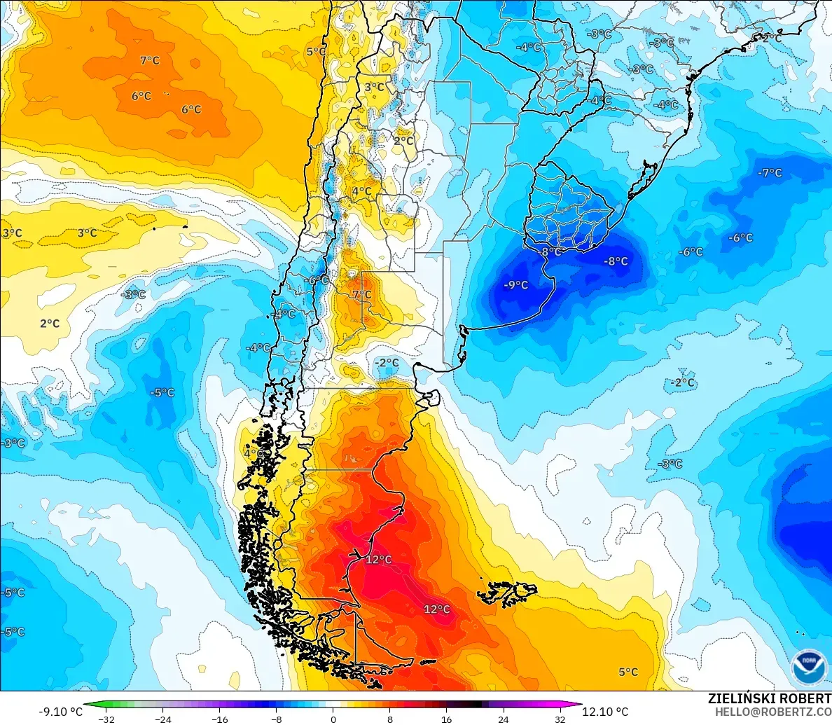 GFS modelo - Argentina, Anomalía de temperatura a 850 hPa
