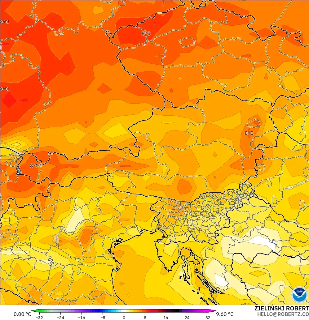 GFS modelo - Austria, Anomalía de temperatura a 2 m