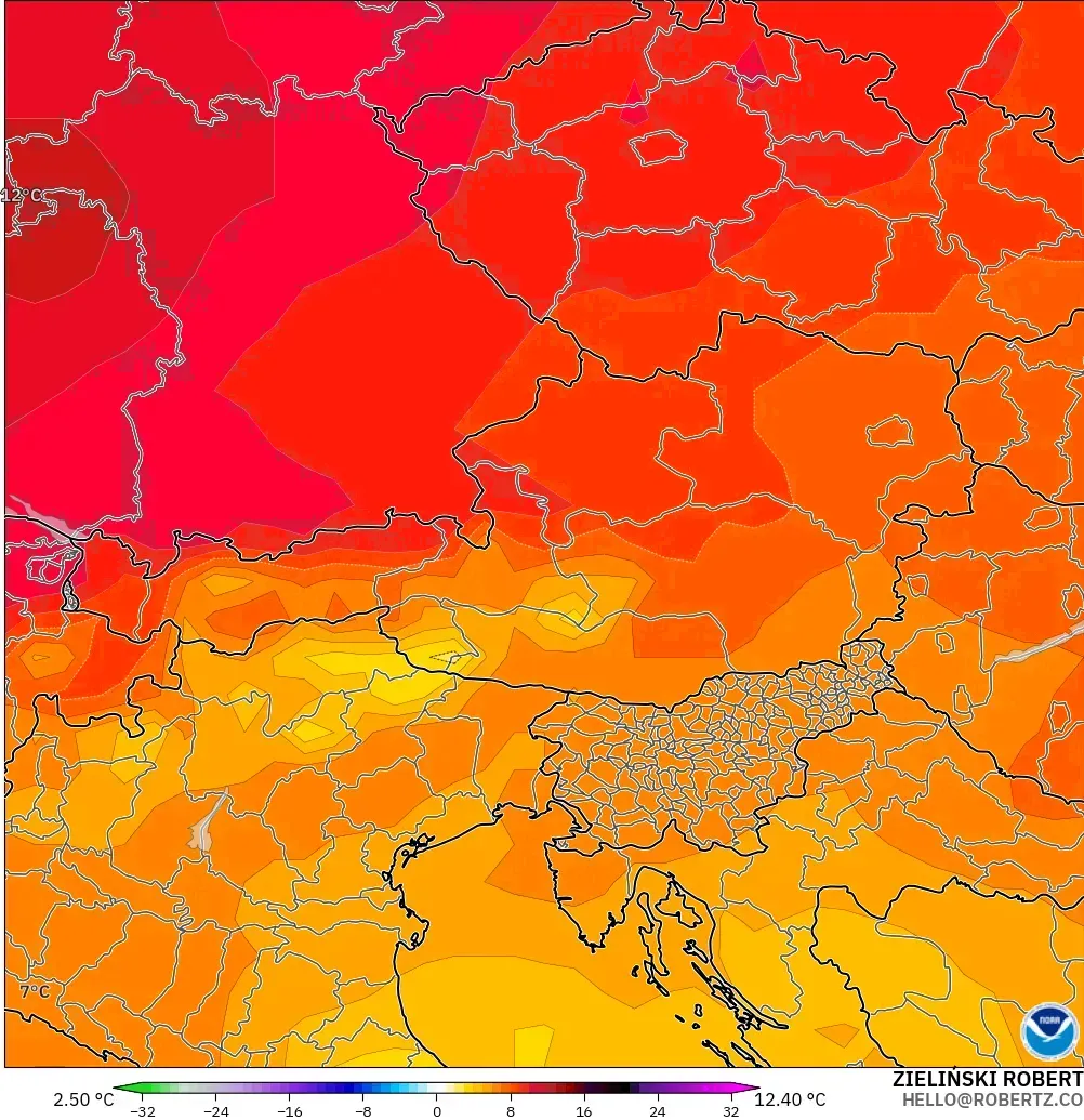 GFS modelo - Austria, Anomalía de temperatura a 850 hPa