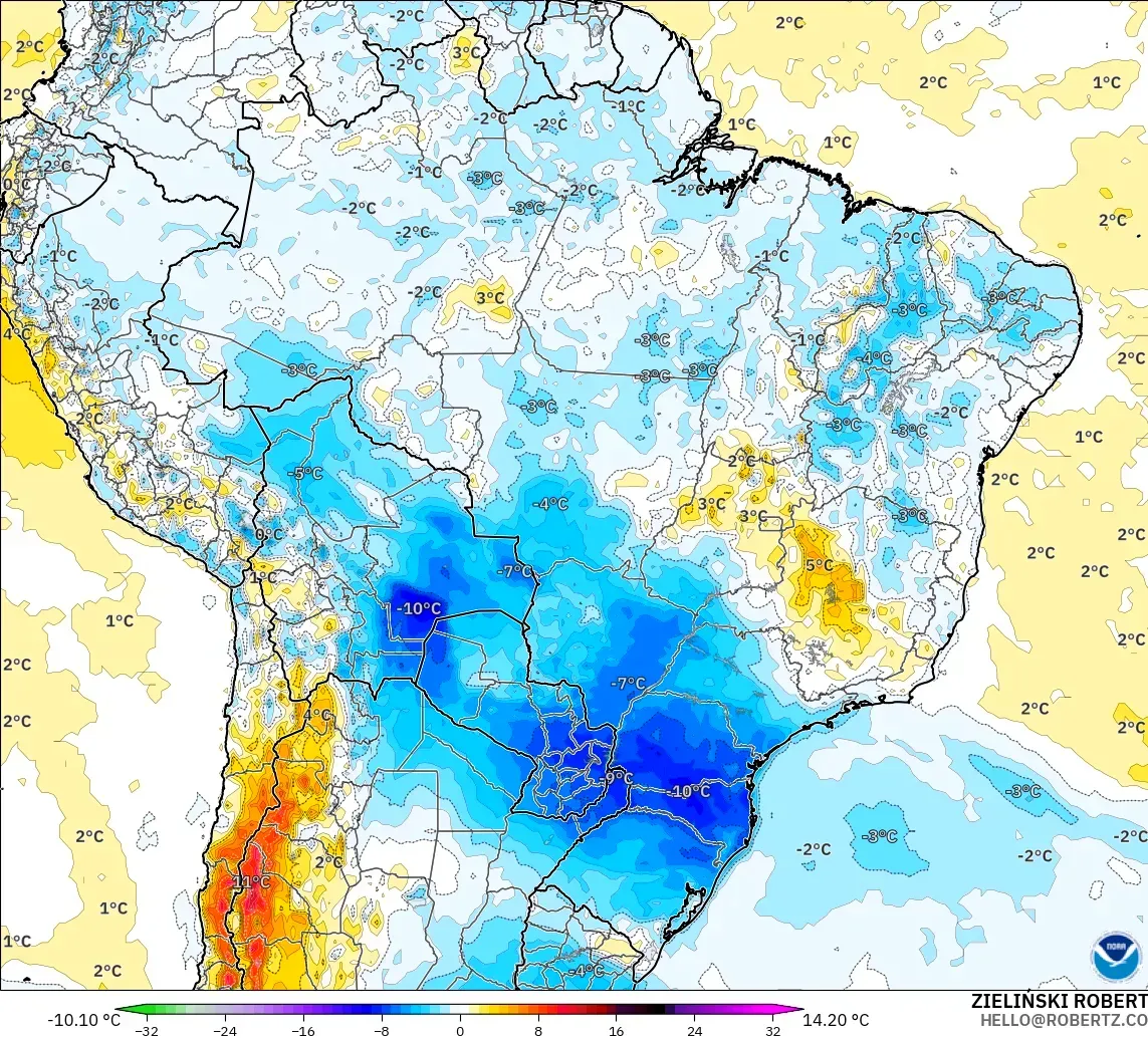 GFS modelo - Brasil, Anomalía de temperatura a 2 m
