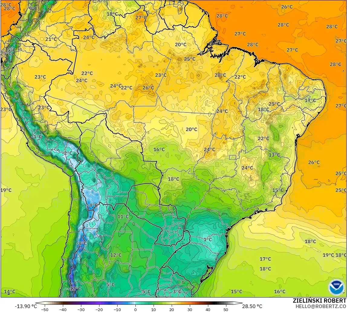 GFS modelo - Brasil, Temperatura a 2 m