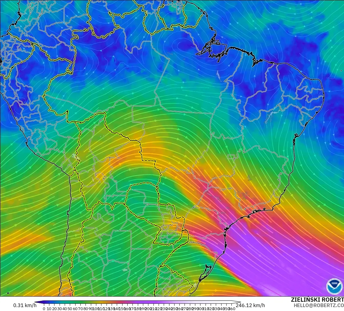 GFS modelo - Brasil, Viento a 300 hPa (corriente en chorro)