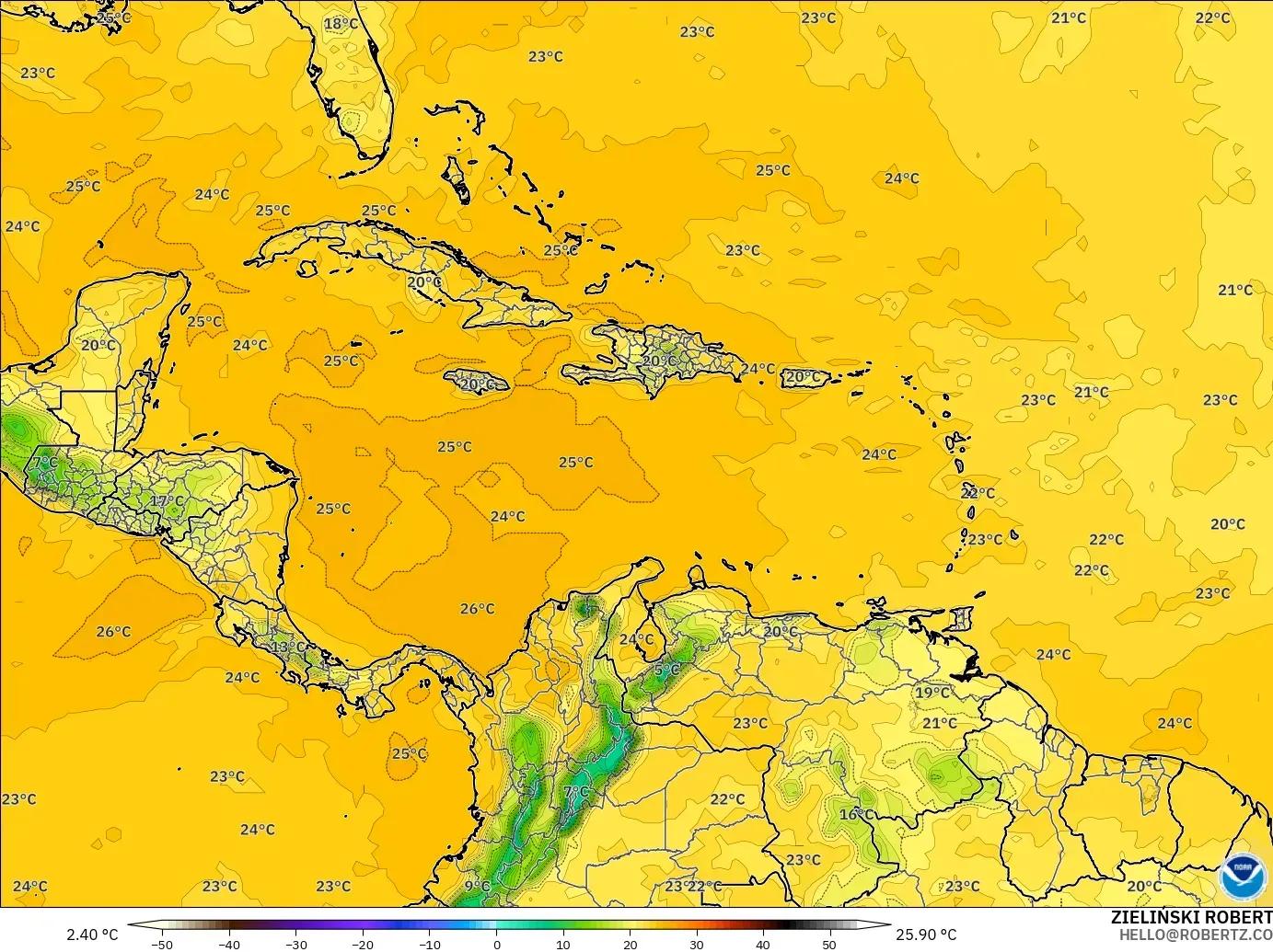 GFS modelo - Caribe, Punto de rocío a 2 m