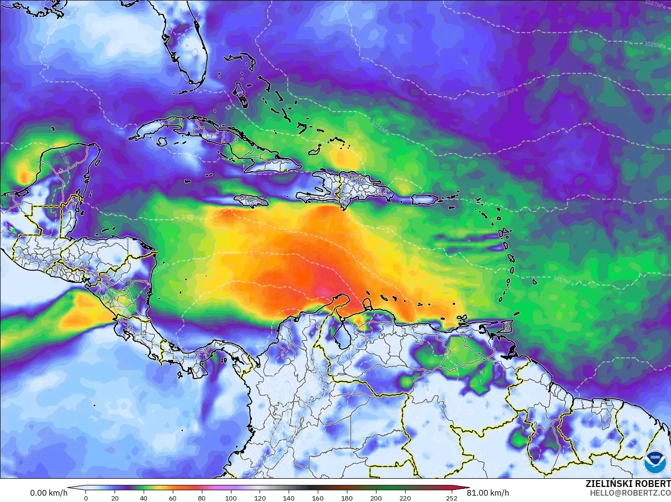 GFS modelo - Caribe, Ráfagas de viento