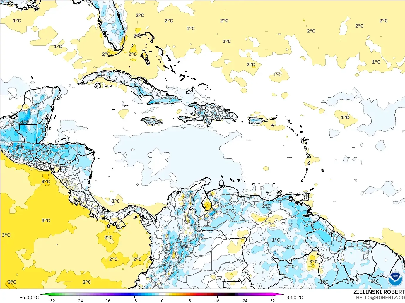 GFS modelo - Caribe, Anomalía de temperatura a 2 m