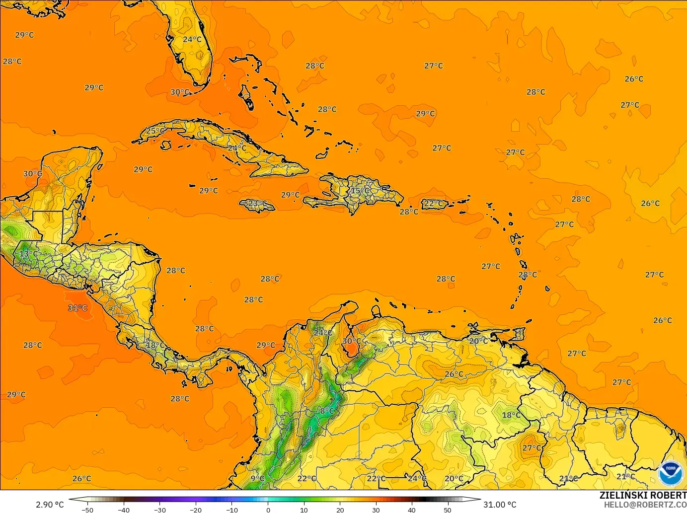 GFS modelo - Caribe, Temperatura a 2 m