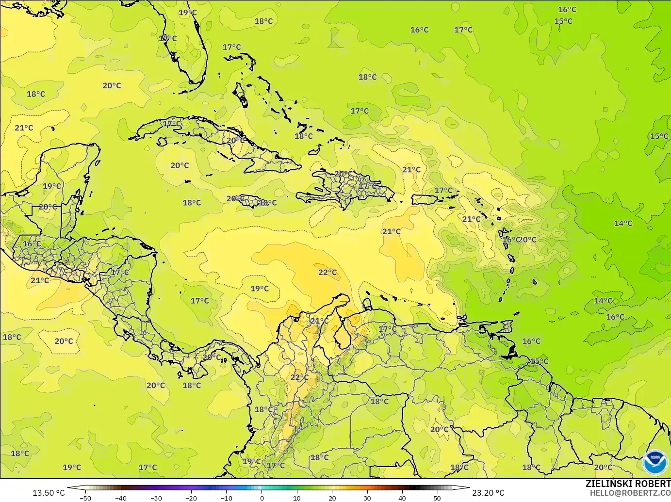 GFS modelo - Caribe, Temperatura a 850 hPa