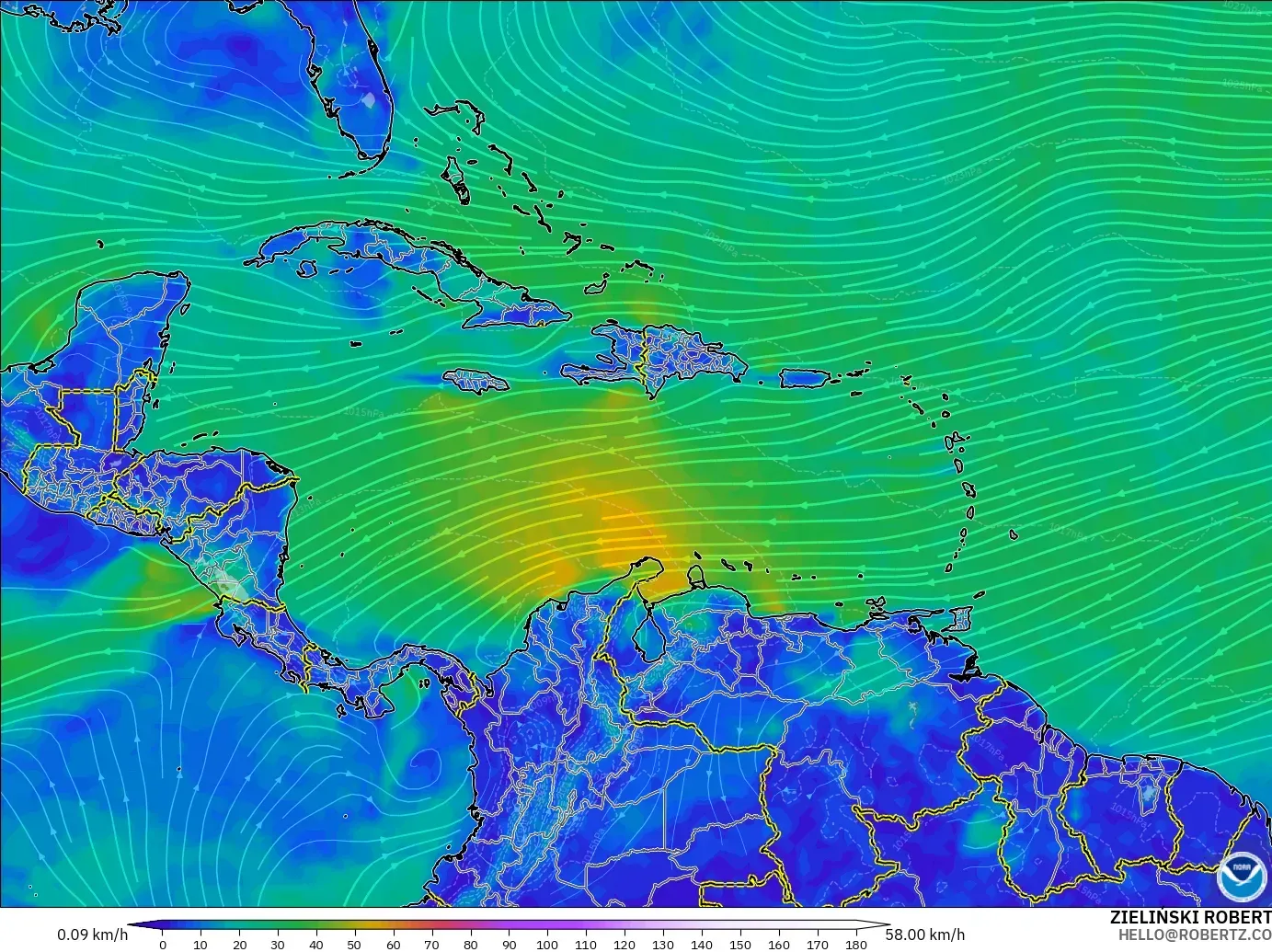 GFS modelo - Caribe, Viento a 10 m
