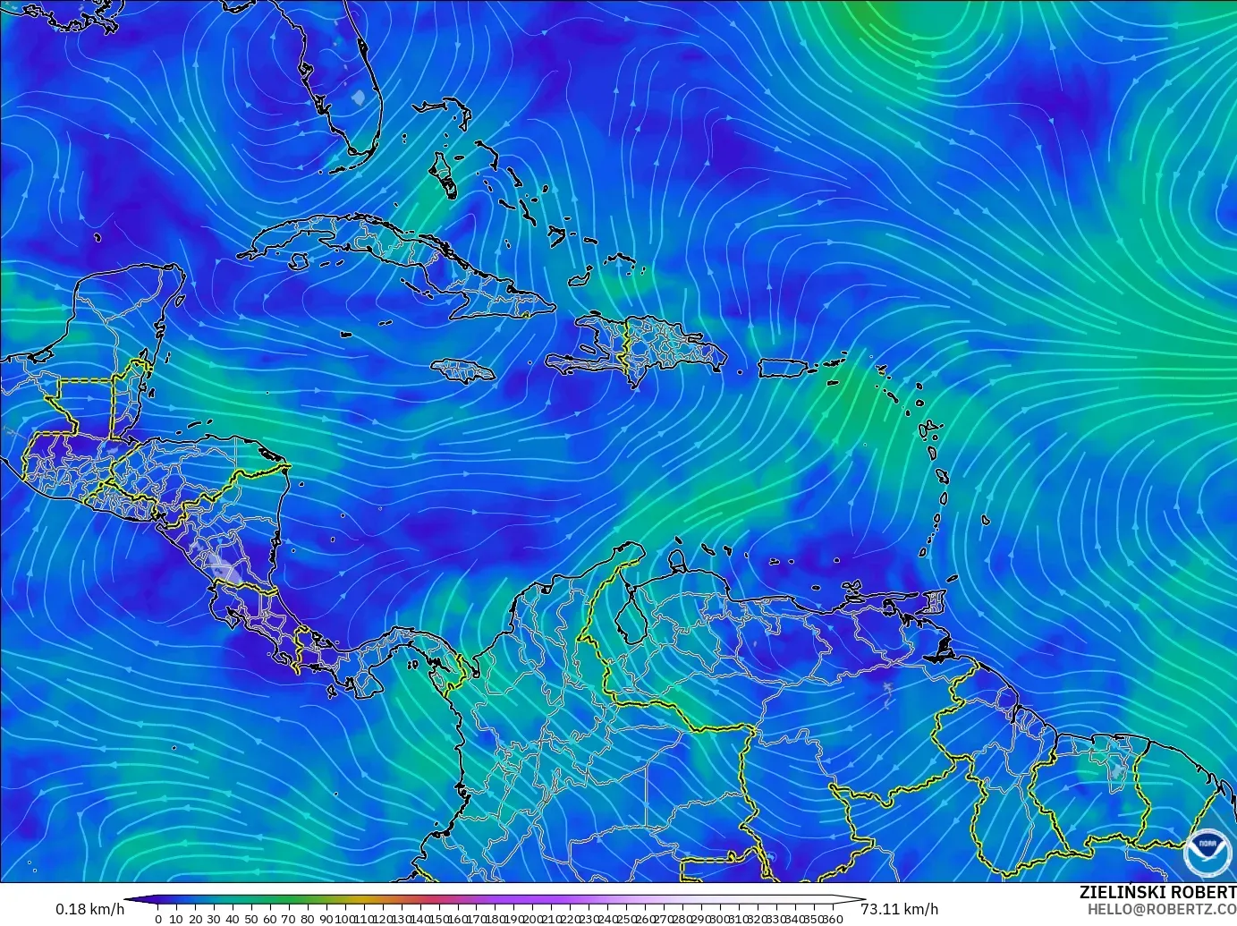 GFS modelo - Caribe, Viento a 300 hPa (corriente en chorro)