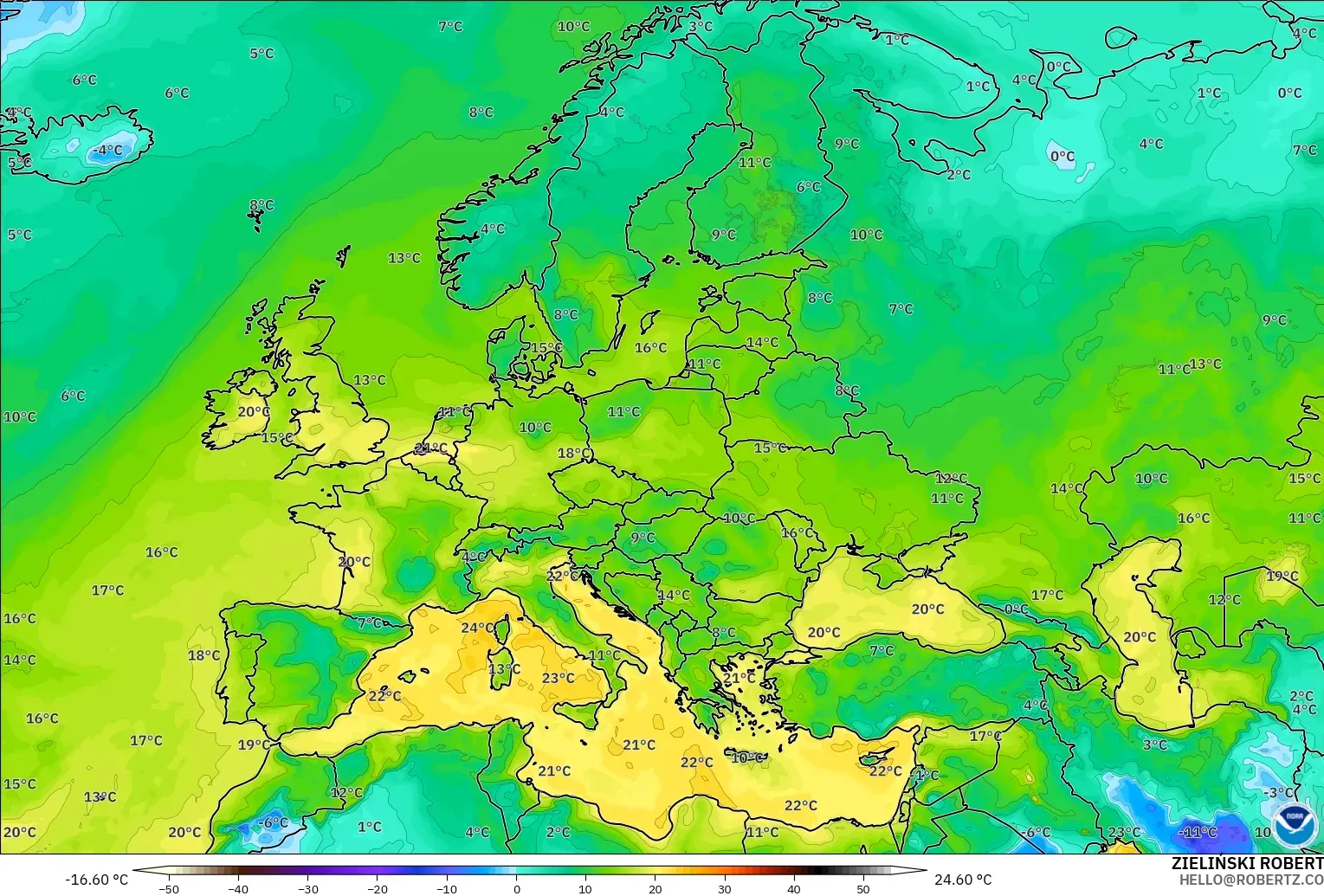 GFS modelo - Europa, Punto de rocío a 2 m