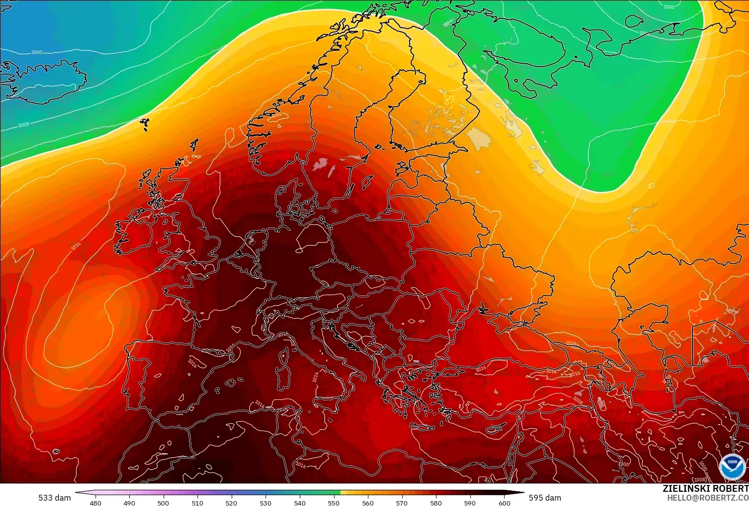 GFS modelo - Europa, Altura geopotencial a 500 hPa