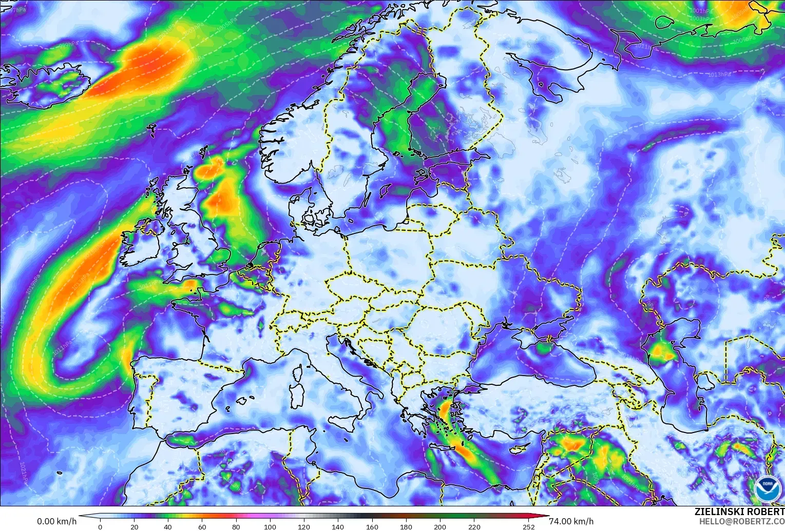 GFS modelo - Europa, Ráfagas de viento