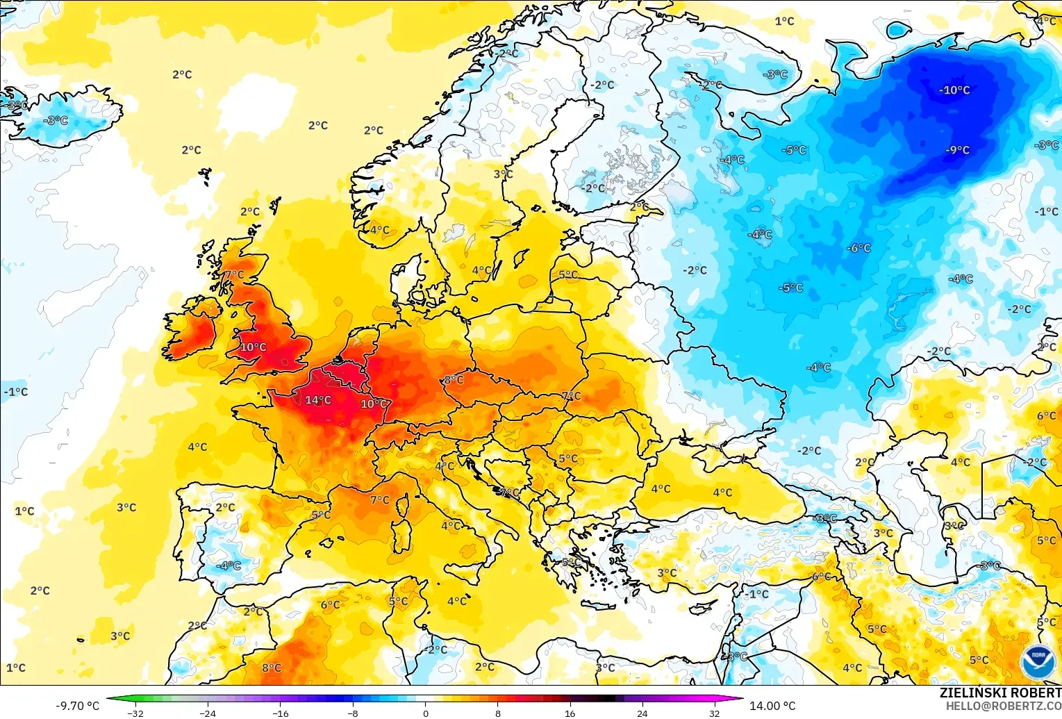 GFS modelo - Europa, Anomalía de temperatura a 2 m