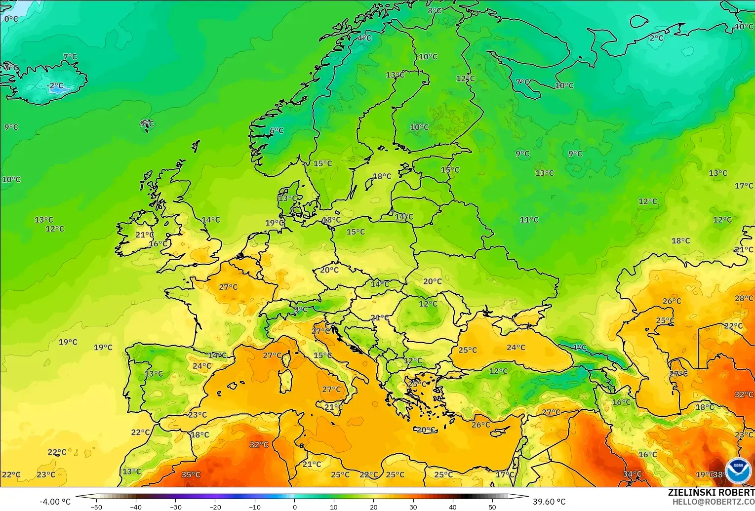 GFS modelo - Europa, Temperatura a 2 m