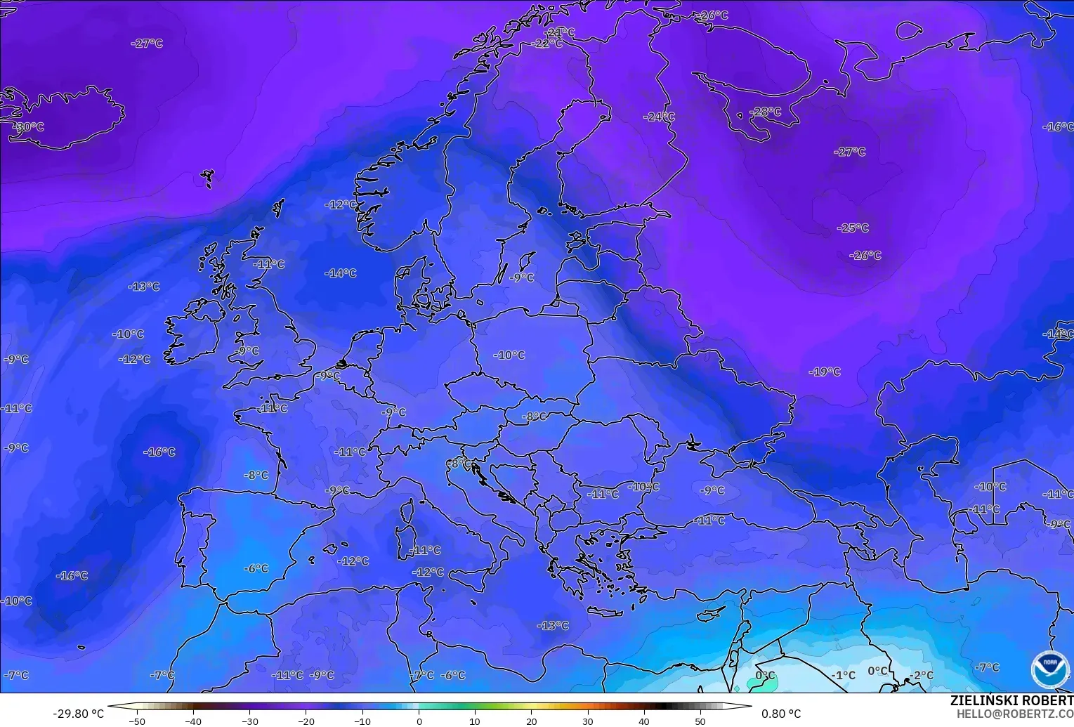 GFS modelo - Europa, Temperatura a 500 hPa