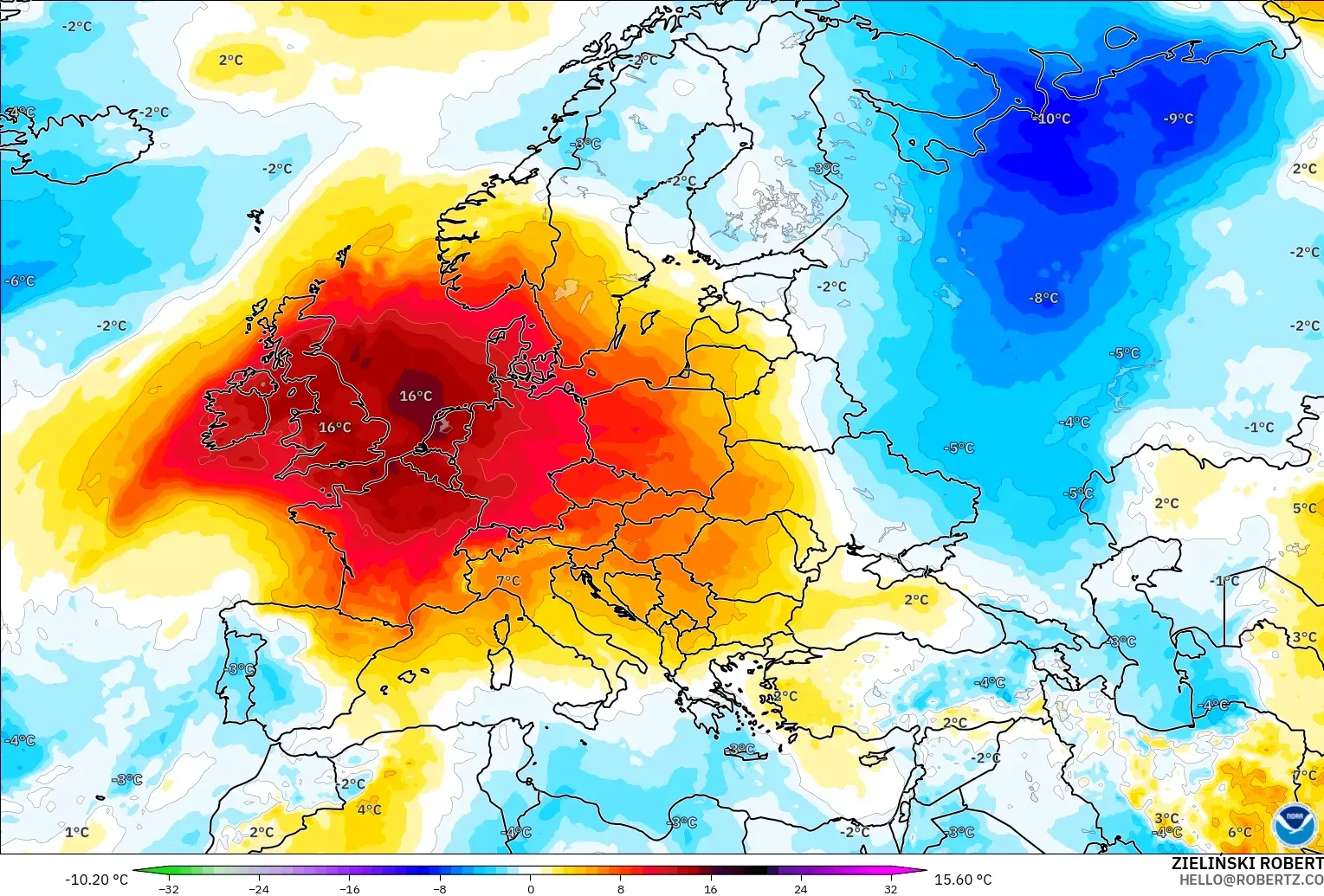 GFS modelo - Europa, Anomalía de temperatura a 850 hPa