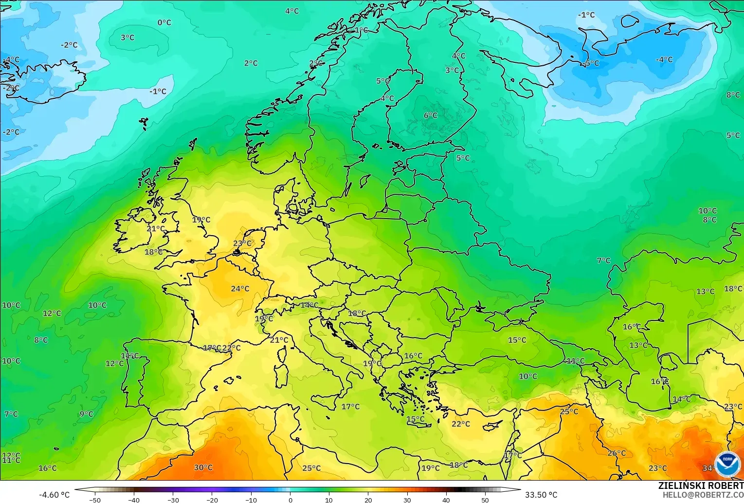 GFS modelo - Europa, Temperatura a 850 hPa