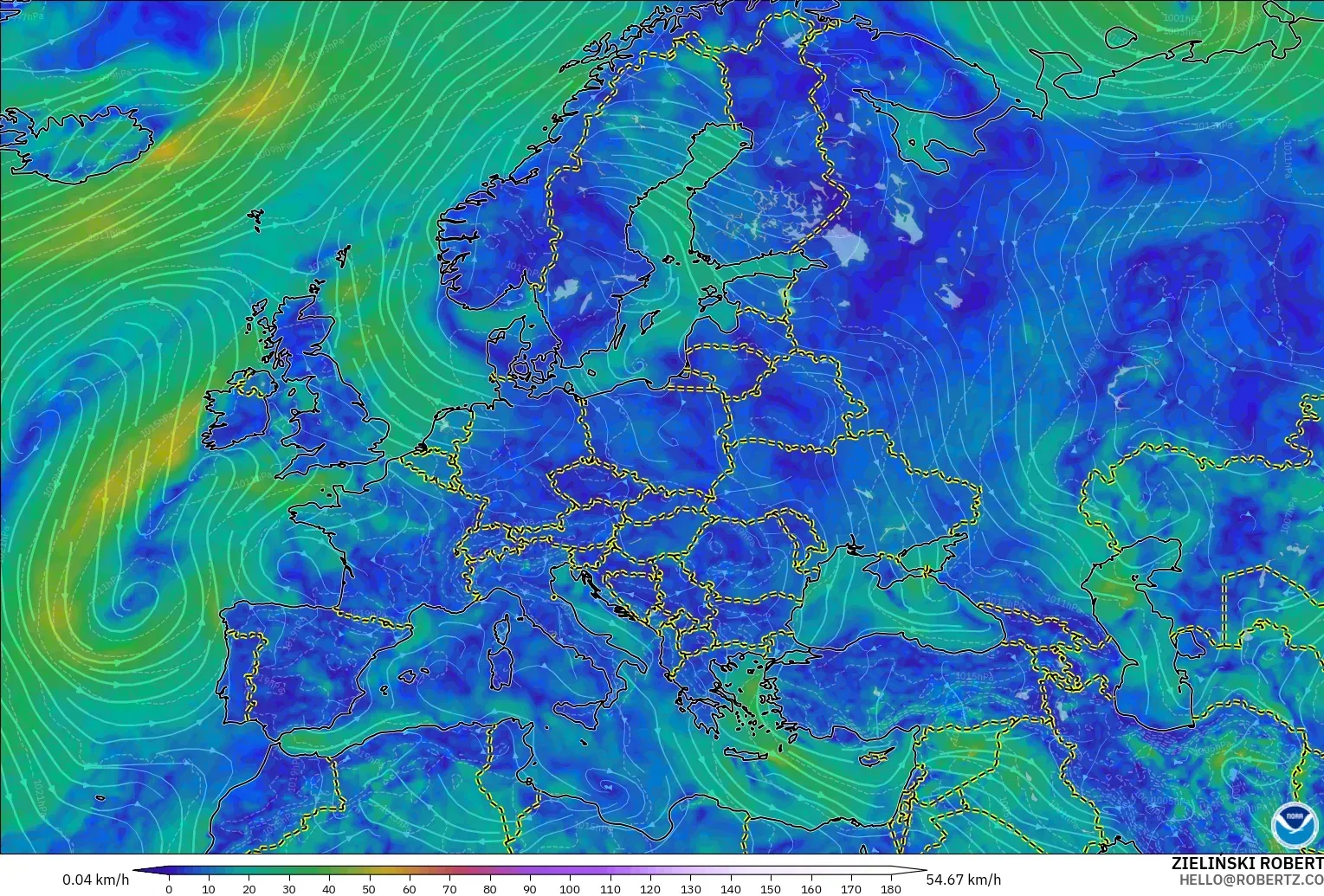 GFS modelo - Europa, Viento a 10 m