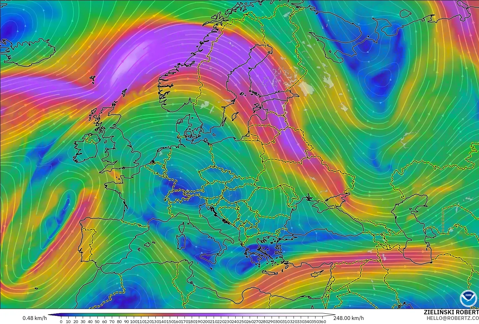 GFS modelo - Europa, Viento a 300 hPa (corriente en chorro)