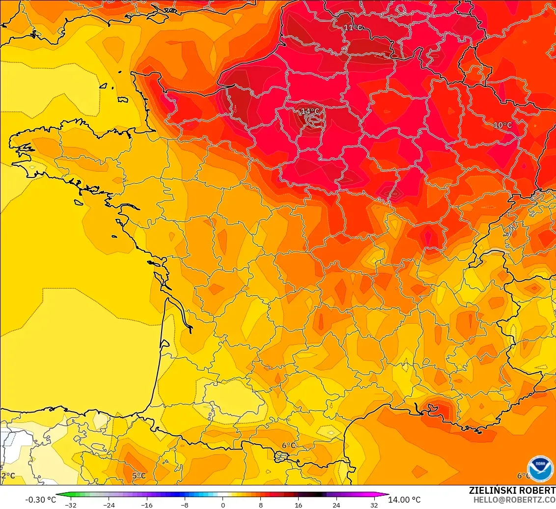 GFS modelo - Francia, Anomalía de temperatura a 2 m