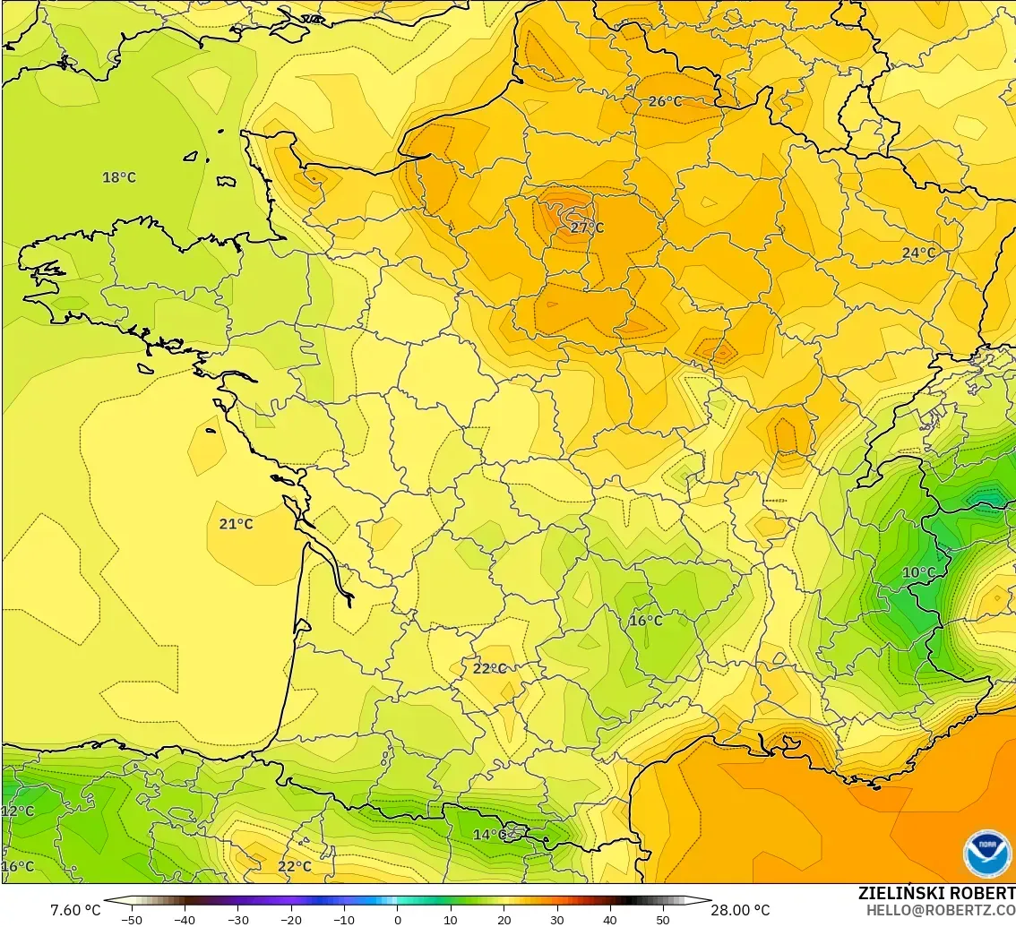 GFS modelo - Francia, Temperatura a 2 m