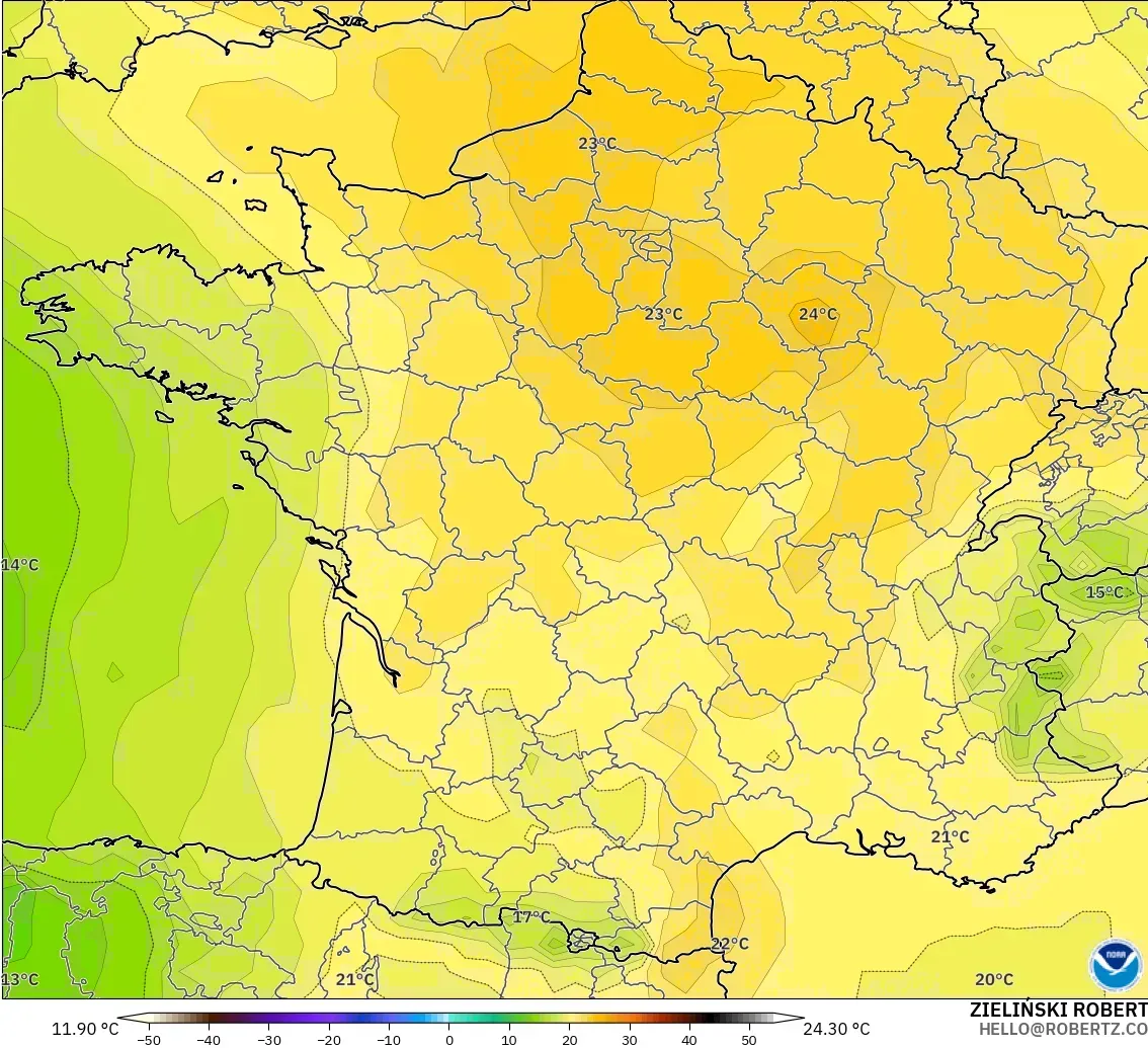 GFS modelo - Francia, Temperatura a 850 hPa