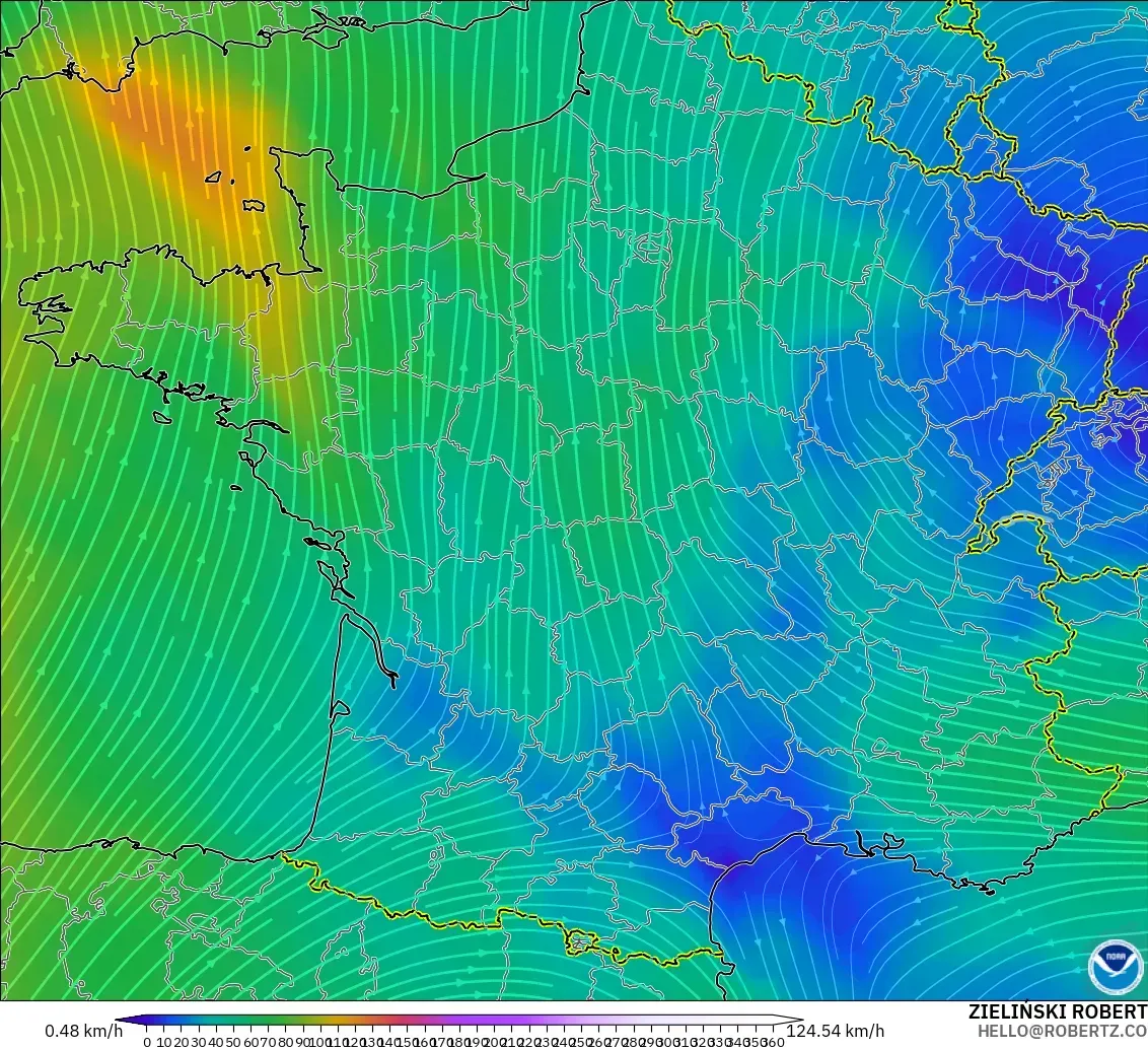 GFS modelo - Francia, Viento a 300 hPa (corriente en chorro)
