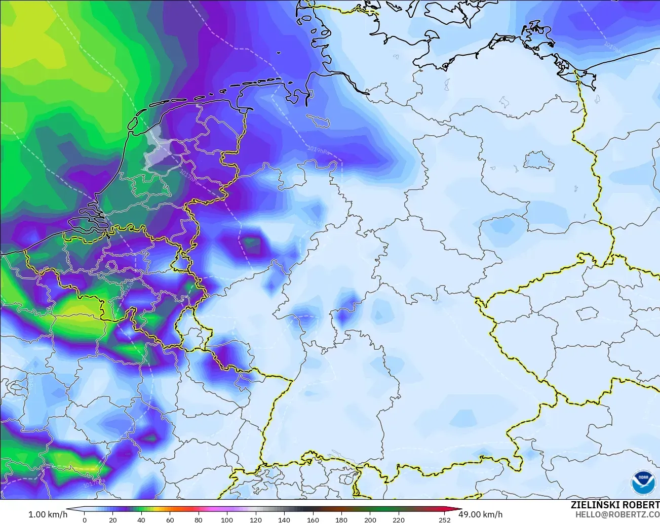 GFS modelo - Alemania, Ráfagas de Viento Máximas